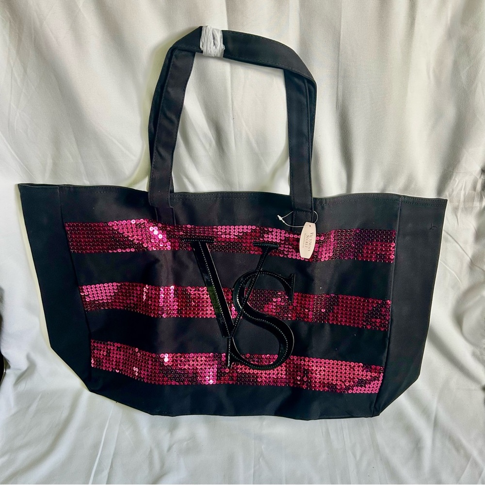Victoria's Secret Black and Pink Sequin Tote Bag Large NWT